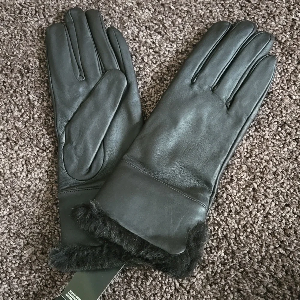 NEW Ann Taylor Loft Brown Leather Fur Trim Gloves S